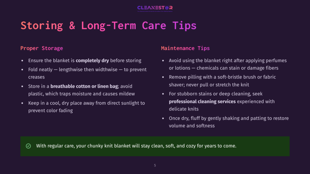 Cleanestor Logo And Text On A Dark Background, With &Quot;Storing &Amp; Long-Term Care Tips&Quot; In Large White And Purple Font. The Slide Lists Proper Storage And Maintenance Tips For Blankets, Including Keeping Them Dry, Using Breathable Bags, And Avoiding Harsh Chemicals.