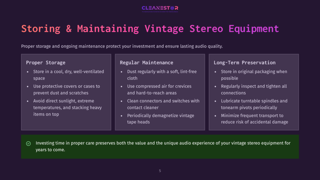 5 Storing And Maintaining Vintage Stereo Equipment 1 Infographic Titled &Quot;Storing &Amp; Maintaining Vintage Stereo Equipment&Quot; With Three Columns: Proper Storage, Regular Maintenance, And Long-Term Preservation, Offering Tips For Protecting Audio Gear.