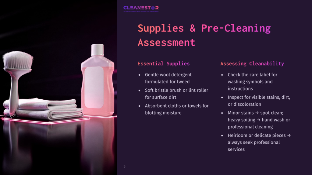 A Pink Cleaning Solution Bottle Sits Next To A Stack Of Neatly Folded White Towels And A Large White Cleaning Brush, All On A Dark, Reflective Surface. The Background Is Dark And Out Of Focus.