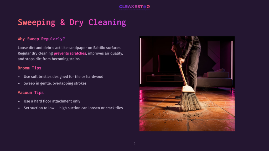 5 Sweeping And Dry Cleaning A Person In Black Clothing Sweeps A Tiled Floor With A Large, Bristly Broom, Creating A Cloud Of Dust. The Scene Is From A Low Angle, Highlighting The Sweeping Action.