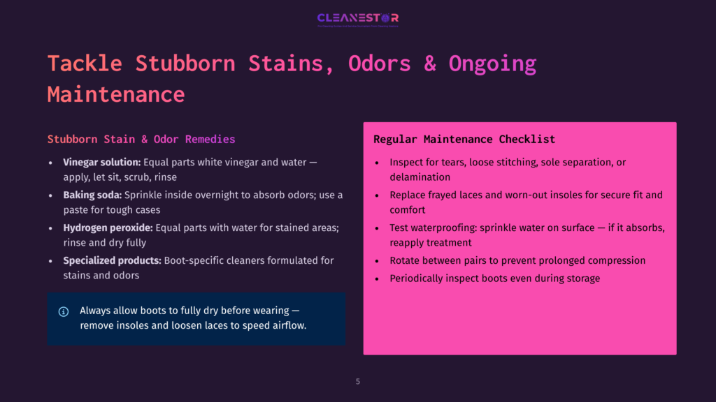 5 Tackle Stubborn Stains Odors And Ongoing Maintenance Cleanestor Infographic On Stubborn Stain And Odor Removal For Boots, Detailing Vinegar And Hydrogen Peroxide Solutions, Baking Soda Use, And Specialized Boot Cleaner Application. Includes A Regular Maintenance Checklist With Tips For Inspection And Care.