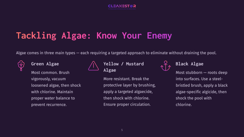 Tackling Algae: Know Your Enemy. Infographic Detailing Three Types Of Pool Algae: Green Algae, Yellow/Mustard Algae, And Black Algae, With Descriptions And Treatment Tips.