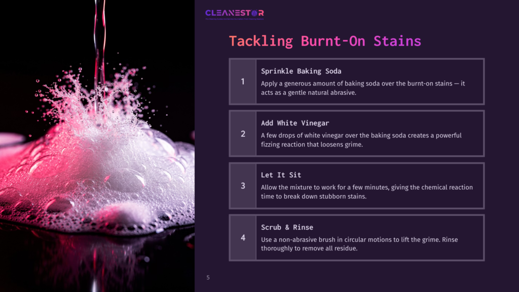 Close-Up Of Pink Liquid Pouring Into A Foaming White Substance, With Text Overlay Detailing Steps For Cleaning Burnt-On Stains: Sprinkle Baking Soda, Add White Vinegar, Let It Sit, Scrub &Amp; Rinse.