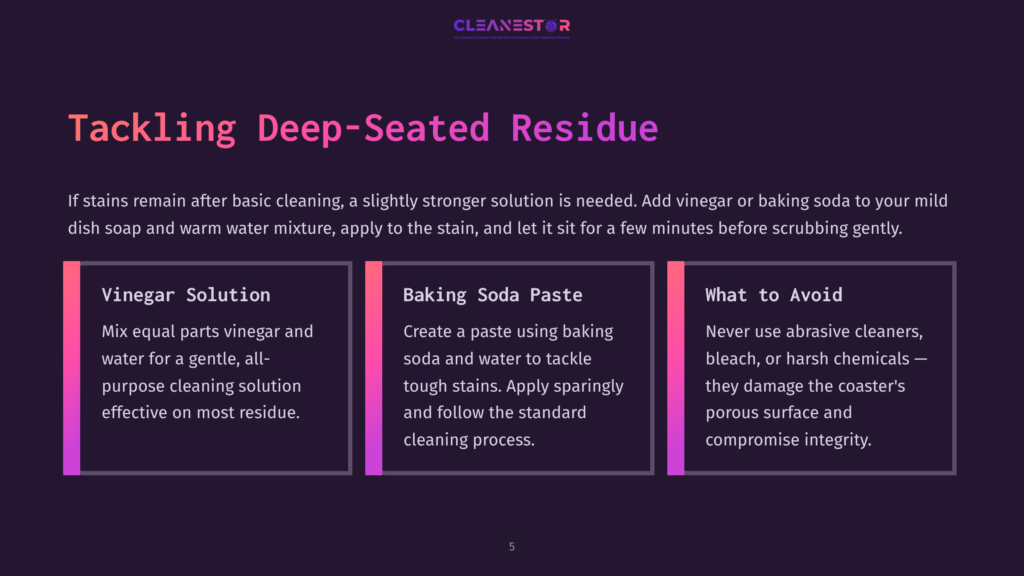 A Dark Background With Three Distinct Sections: &Quot;Vinegar Solution&Quot; With Cleaning Tips, &Quot;Baking Soda Paste&Quot; With Stain Removal Advice, And &Quot;What To Avoid&Quot; Cautioning Against Harsh Chemicals. The Cleanestor Logo Is At The Top.