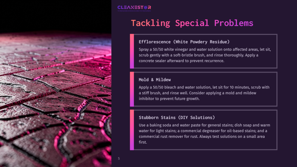 5 Tackling Special Problems A Dark, Textured Tile Floor With Dramatic Pink And Blue Lighting. The Image Is From A Presentation Slide With Text About Efflorescence, Mold, And Stubborn Stains On Concrete.