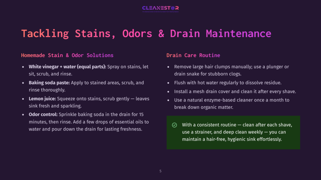 Cleanestor Logo And Graphic With Text Outlining Homemade Stain And Odor Solutions And Drain Care Routine Tips.