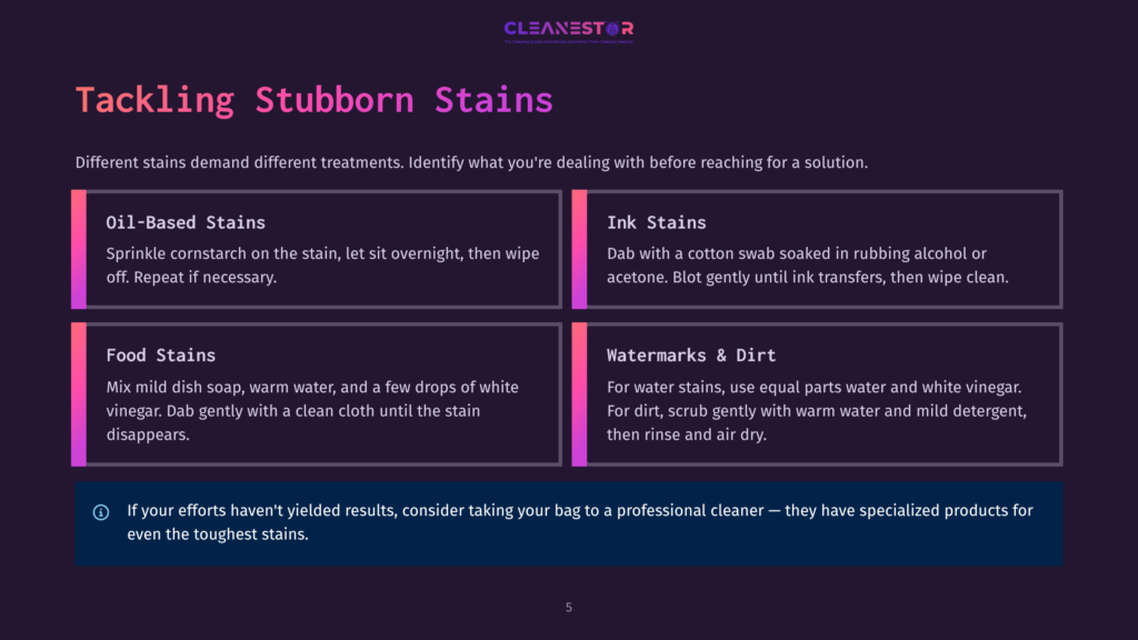 Infographic Detailing How To Tackle Stubborn Stains On Bags, Including Oil-Based, Ink, Food, And Watermarks &Amp; Dirt. It Advises Professional Cleaning For Tough Stains.