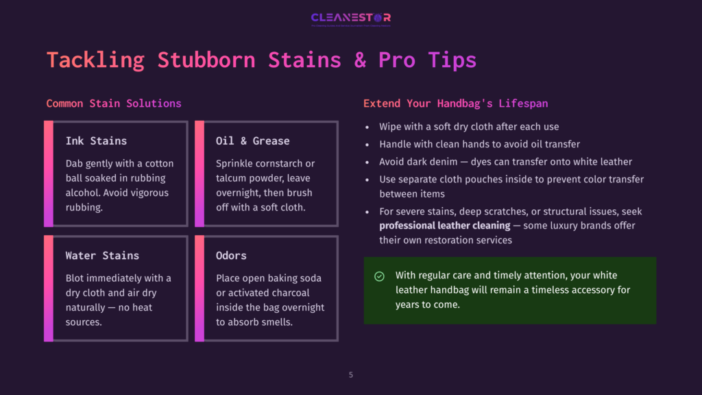 5 Tackling Stubborn Stains And Pro Tips Graphic With Text About Tackling Stubborn Stains And Pro Tips For Extending Handbag Lifespan, Including Ink Stains, Oil &Amp; Grease, Water Stains, And Odors.