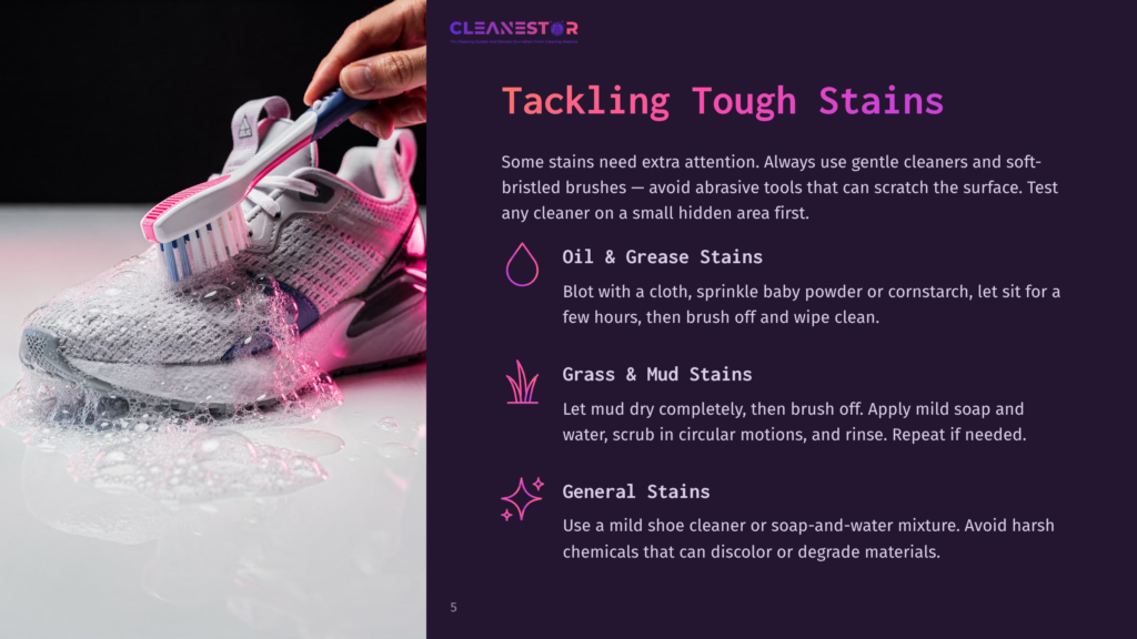 Close-Up Of A White Sneaker Being Cleaned With A Toothbrush And Soapy Water, With Pink And Blue Foam. Text Overlay: &Quot;Cleanestor&Quot;, &Quot;Tackling Tough Stains&Quot;, &Quot;Oil &Amp; Grease Stains&Quot;, &Quot;Grass &Amp; Mud Stains&Quot;, &Quot;General Stains&Quot;.