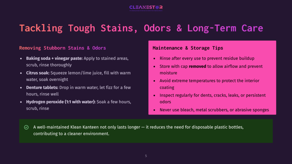 A Presentation Slide Titled &Quot;Tackling Tough Stains, Odors &Amp; Long-Term Care&Quot; Lists Cleaning Tips For Stubborn Stains And Maintenance Advice For A Product, Possibly A Water Bottle Or Similar Item.