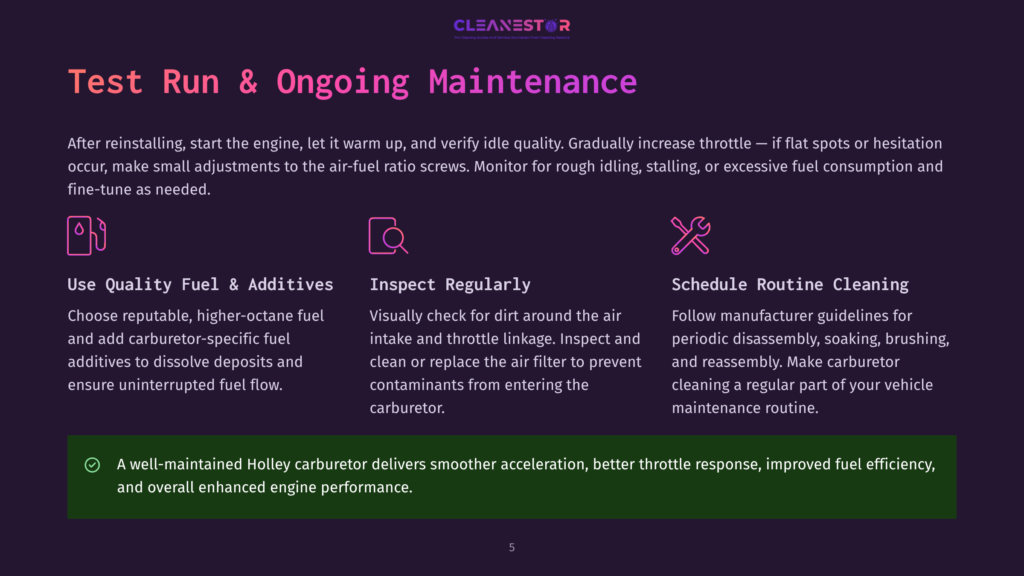 Cleanestor Logo With Text &Quot;Test Run &Amp; Ongoing Maintenance&Quot; And Icons For Fuel, Inspection, And Tools, With Text Detailing Maintenance Tips.