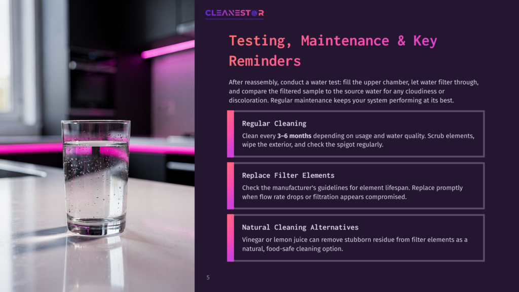 5 Testing Maintenance And Key Reminders A Glass Of Clear Water With Bubbles Sits On A Countertop, With A Blurred Background Of A Modern Kitchen With Purple Lighting. Text Overlay Reads &Quot;Cleanestor Testing, Maintenance &Amp; Key Reminders&Quot;.