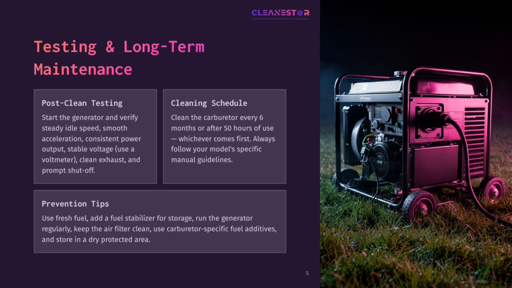 A Portable Generator Sits On Grass At Dusk, Its Dark Casing Illuminated By Pink And Purple Lights. The Image Includes Text: &Quot;Cleanestar,&Quot; &Quot;Testing &Amp; Long-Term Maintenance,&Quot; &Quot;Post-Clean Testing,&Quot; &Quot;Cleaning Schedule,&Quot; And &Quot;Prevention Tips.