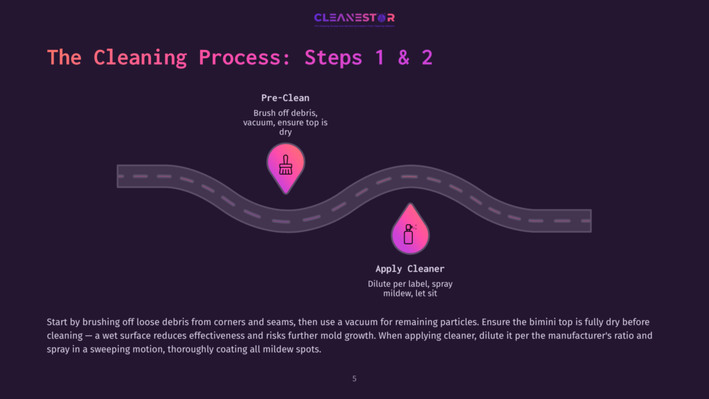 Diagram Illustrating The 2-Step Cleaning Process: Pre-Clean (Brushing Off Debris, Vacuuming) And Apply Cleaner (Diluting And Spraying). The Text &Quot;The Cleaning Process: Steps 1 &Amp; 2&Quot; Is Prominently Displayed.