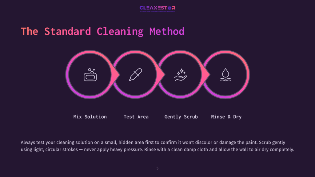 5 The Standard Cleaning Method Infographic Illustrating The Standard Cleaning Method With Four Icons: Mixing Solution, Testing Area, Gentle Scrubbing, And Rinsing/Drying. Text Reads &Quot;The Standard Cleaning Method&Quot; And Step-By-Step Instructions.