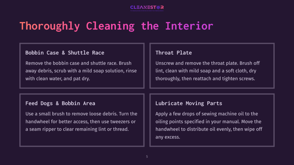 5 Thoroughly Cleaning The Interior Cleanestor Logo At The Top Of A Dark Purple Slide With Four White Boxes Detailing How To Thoroughly Clean The Interior Of A Sewing Machine. The Boxes Cover The Bobbin Case And Shuttle Race, Throat Plate, Feed Dogs &Amp; Bobbin Area, And Lubricating Moving Parts.