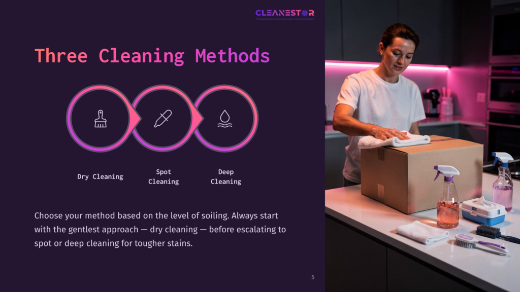 Three Cleaning Methods: Dry Cleaning, Spot Cleaning, And Deep Cleaning, Illustrated With Icons. A Woman Wipes A Box With A Cloth In A Modern Kitchen Setting.