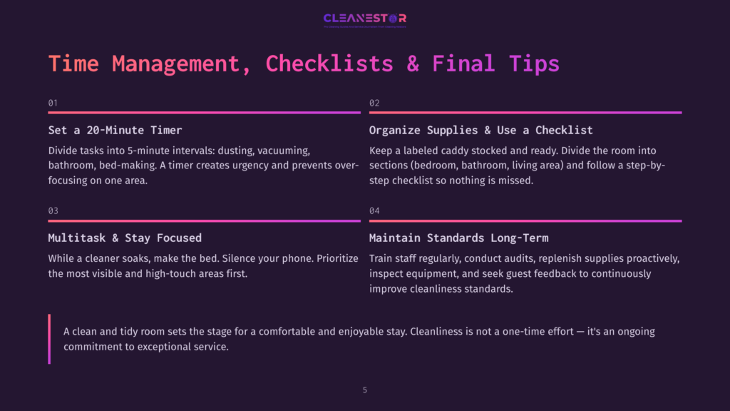 5 Time Management Checklists And Final Tips A Dark Purple Background With A White And Pink &Quot;Cleanestor&Quot; Logo At The Top. The Image Displays A Graphic Titled &Quot;Time Management, Checklists &Amp; Final Tips&Quot; With Four Numbered Sections Detailing Cleaning Strategies Like Using A Timer And Organizing Supplies.