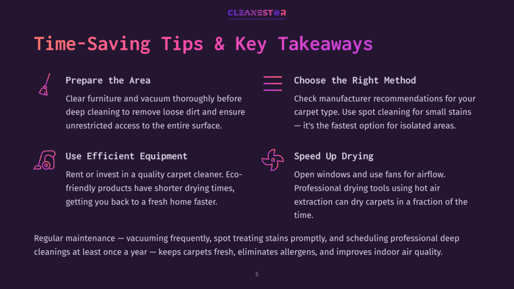 5 Time Saving Tips And Key Takeaways Time-Saving Tips &Amp; Key Takeaways Graphic From Cleanestor, Featuring Icons And Text About Carpet Cleaning Efficiency, Methods, And Maintenance.