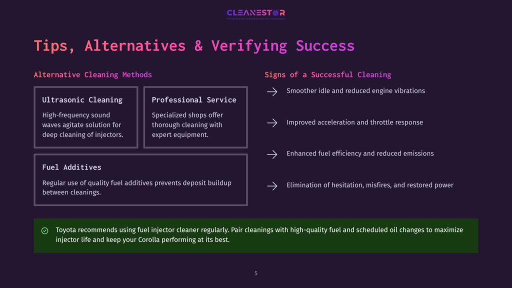 Cleanestor Logo At The Top Of A Presentation Slide Titled &Quot;Tips, Alternatives &Amp; Verifying Success.&Quot; The Slide Details Ultrasonic Cleaning, Professional Service, Fuel Additives, And Signs Of A Successful Cleaning, Recommending Toyota Fuel Injector Cleaning.