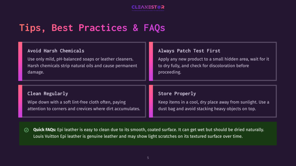 5 Tips Best Practices And Faqs A Dark Blue Background With A Series Of Text Boxes Containing Tips And Faqs About Cleaning And Maintaining Leather Items. Text Boxes Include &Quot;Avoid Harsh Chemicals&Quot;, &Quot;Always Patch Test First&Quot;, &Quot;Clean Regularly&Quot;, And &Quot;Store Properly&Quot;. A Green Quick Faqs Box Provides A Brief Statement About Louis Vuitton Epi Leather Care.