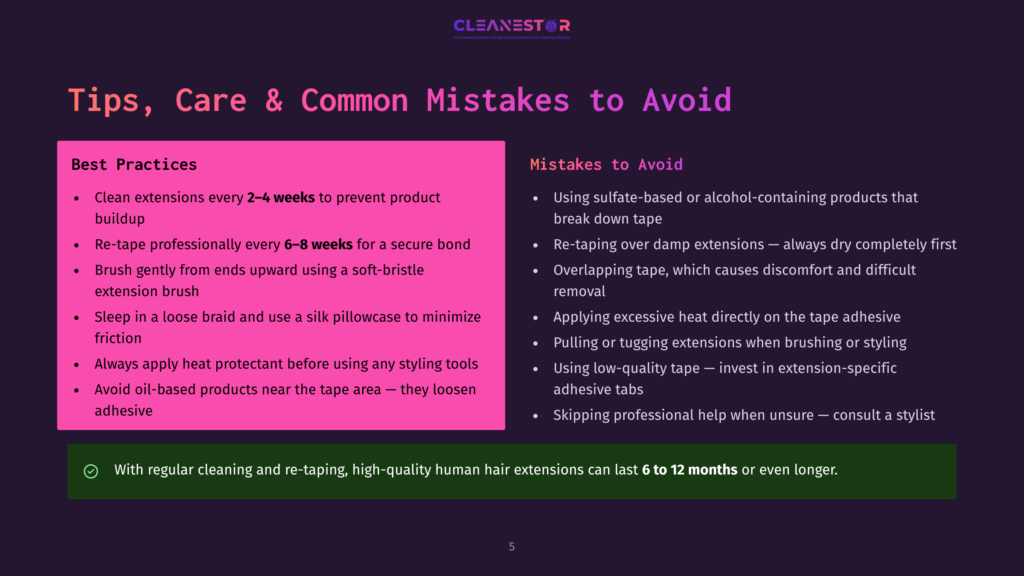 Infographic Titled &Quot;Tips, Care &Amp; Common Mistakes To Avoid&Quot; For Hair Extensions, Featuring &Quot;Best Practices&Quot; And &Quot;Mistakes To Avoid&Quot; Sections With Bullet Points And A Dark Background.