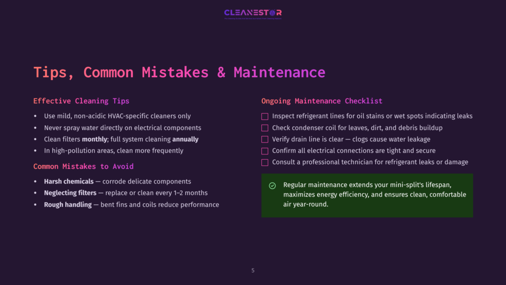 A Webpage Titled &Quot;Tips, Common Mistakes &Amp; Maintenance&Quot; Displays A Checklist For Ongoing Maintenance. It Includes Points Such As Inspecting Refrigerant Lines For Leaks, Checking The Condenser Coil, And Confirming All Electrical Connections Are Secure. An Infographic Highlights The Importance Of Regular Maintenance For Energy Efficiency And Comfort.