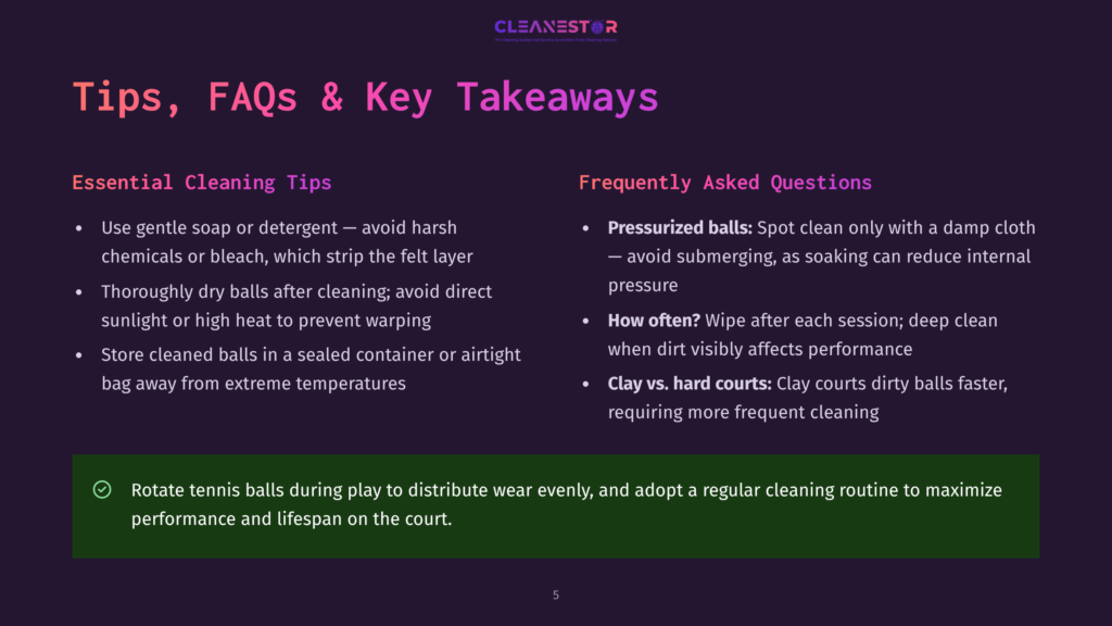 Cleanestor Logo And Text: &Quot;Tips, Faqs &Amp; Key Takeaways&Quot; With Sections On &Quot;Essential Cleaning Tips&Quot; And &Quot;Frequently Asked Questions&Quot; About Tennis Ball Care.
