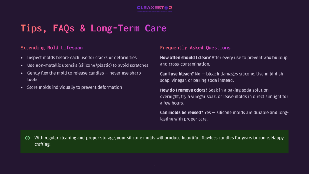 Cleanestor Faq Graphic: Tips, Faqs &Amp; Long-Term Mold Lifespan. Includes Advice On Cleaning, Use, And Reuse Of Silicone Molds For Crafting Beautiful Candles.