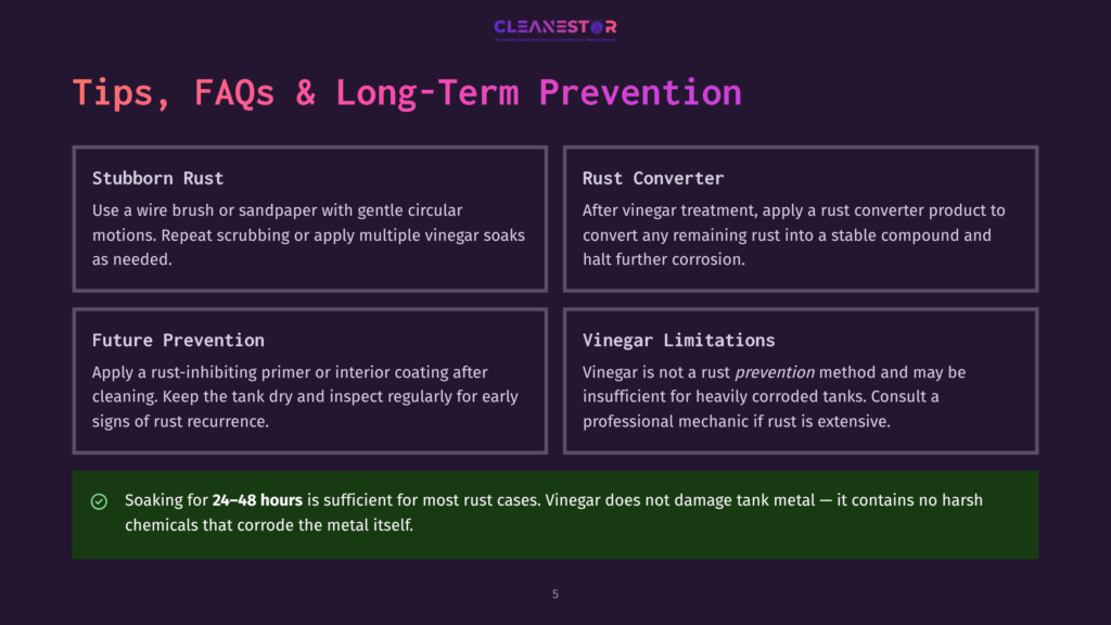 5 Tips Faqs And Long Term Prevention A Dark Purple Graphic Displays &Quot;Tips, Faqs &Amp; Long-Term Prevention&Quot; At The Top, With Four Quadrants Offering Advice On Rust Removal And Prevention, Including &Quot;Stubborn Rust,&Quot; &Quot;Rust Converter,&Quot; &Quot;Future Prevention,&Quot; And &Quot;Vinegar Limitations.