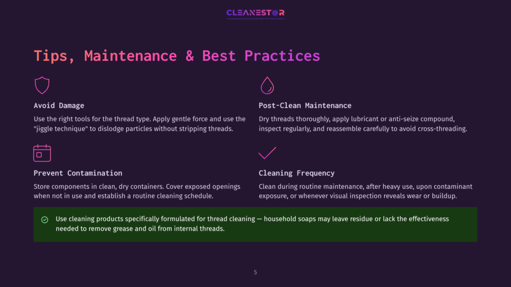 A Clean And Organized Infographic With A Purple Background Displays Tips For Thread Maintenance And Best Practices. Key Points Include Avoiding Damage With The Right Tools, Post-Clean Maintenance, Preventing Contamination By Storing Components Properly, And Cleaning Frequency Based On Exposure Or Visual Inspection.