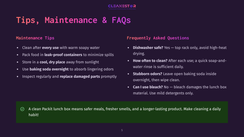 Cleanestor Logo Above &Quot;Tips, Maintenance &Amp; Faqs&Quot; Title. Left Column Lists Maintenance Tips, Including Cleaning, Food Containers, And Baking Soda. Right Column Lists Faqs About Dishwashers, Cleaning, And Bleach. A Green Checkmark Highlights A Tip About Cleaning Packit Lunch Boxes.