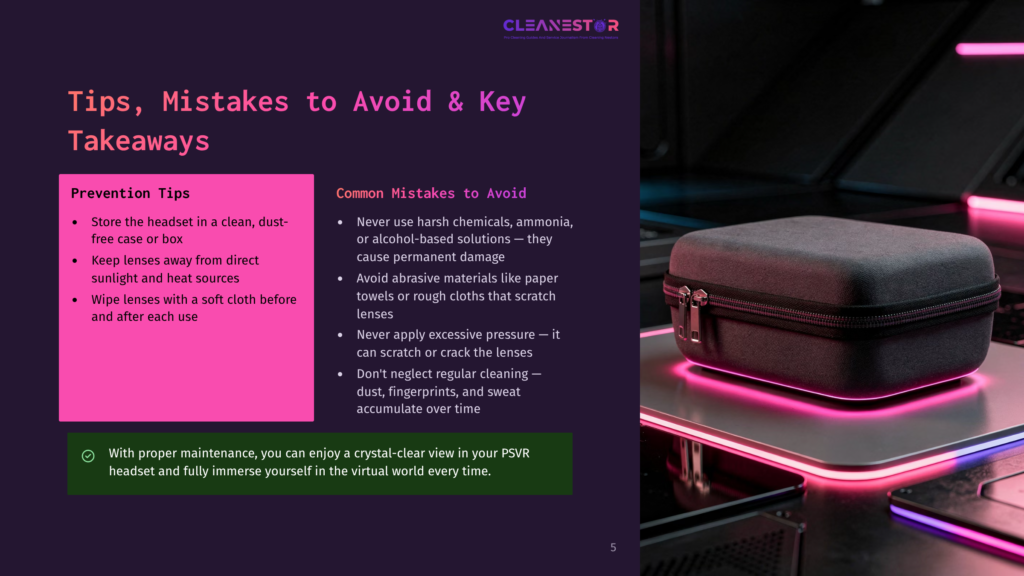 5 Tips Mistakes To Avoid And Key Takeaways Cleanestor Presentation Slide With Tips For Vr Headset Care, Including &Quot;Prevention Tips&Quot; And &Quot;Common Mistakes To Avoid,&Quot; Next To A Black Vr Headset Case On A Neon-Lit Surface.