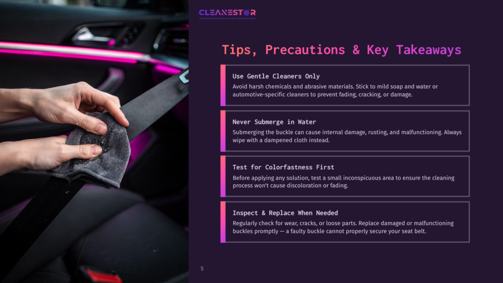 Close-Up Of Hands Cleaning A Car Seatbelt With A Gray Cloth, With Neon Pink Interior Lighting Visible In The Background. Text Overlay: &Quot;Cleanestor&Quot;, &Quot;Tips, Precautions &Amp; Key Takeaways&Quot;, And Bullet Points About Cleaning.