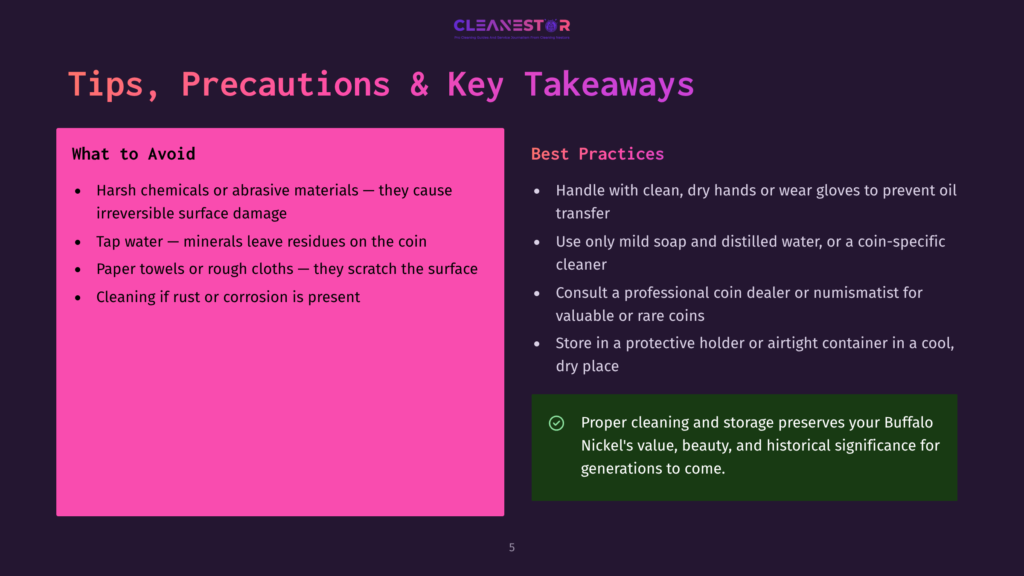 Infographic Titled &Quot;Tips, Precautions &Amp; Key Takeaways&Quot; For Coin Cleaning. Left Side Lists &Quot;What To Avoid&Quot; With Bullet Points Like &Quot;Harsh Chemicals&Quot; And &Quot;Tap Water.&Quot; Right Side Lists &Quot;Best Practices&Quot; With Bullet Points Like &Quot;Handle With Clean, Dry Hands&Quot; And &Quot;Store In A Protective Holder.