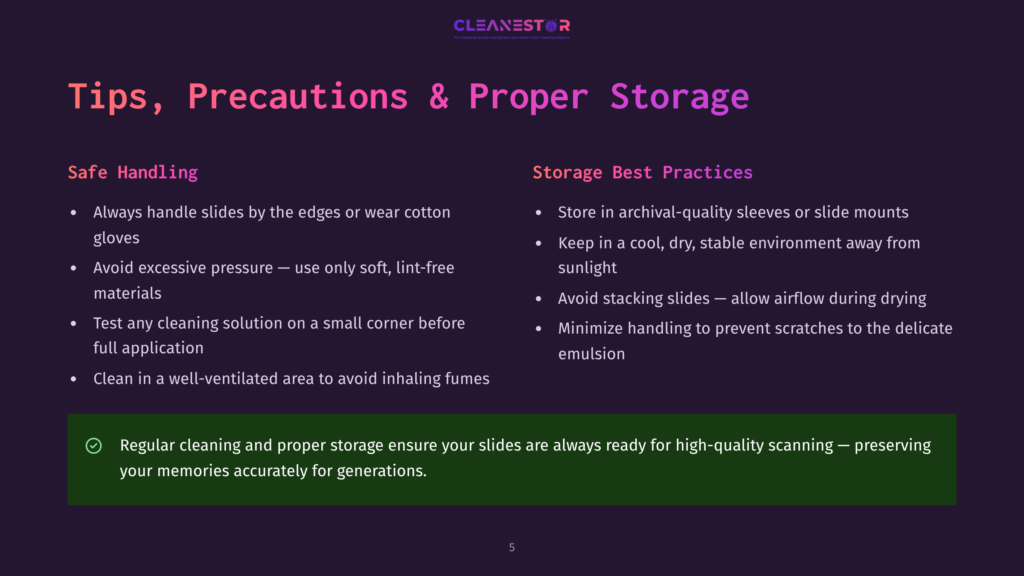 5 Tips Precautions And Proper Storage Cleanestor Presentation Slide With &Quot;Tips, Precautions &Amp; Proper Storage&Quot; For Slides. Sections Include &Quot;Safe Handling&Quot; And &Quot;Storage Best Practices&Quot; With Bullet Points On Proper Slide Care.