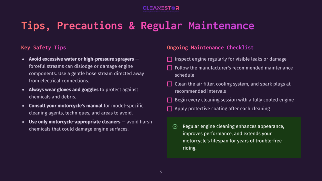 5 Tips Precautions And Regular Maintenance Cleanestor Logo At The Top Of A Dark Purple Slide With Text About Motorcycle Cleaning Tips, Precautions, And Ongoing Maintenance. Key Safety Tips And A Checklist Are Listed.