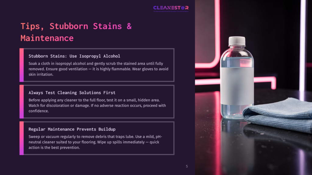 A Bottle Of Isopropyl Alcohol And A Blue Cloth Sit On A Dark, Reflective Surface, With A Graphic Overlay Featuring Cleaning Tips: &Quot;Stubborn Stains: Use Isopropyl Alcohol,&Quot; &Quot;Always Test Cleaning Solutions First,&Quot; And &Quot;Regular Maintenance Prevents Buildup.