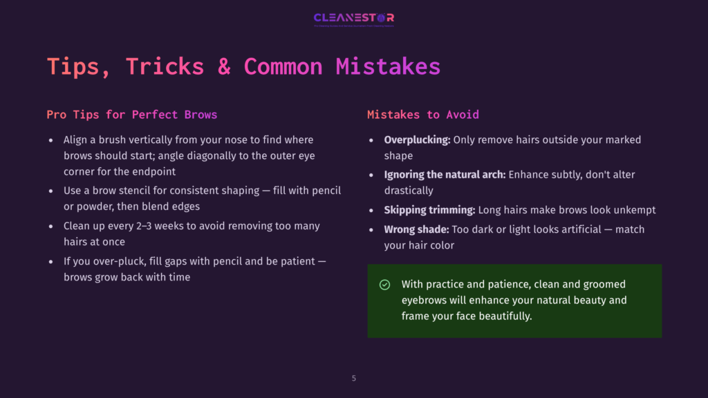 Presentation Slide Titled &Quot;Tips, Tricks &Amp; Common Mistakes&Quot; With Advice On Brow Grooming, Including &Quot;Pro Tips For Perfect Brows&Quot; And &Quot;Mistakes To Avoid,&Quot; Featuring Bullet Points And A Green Call-To-Action Box.