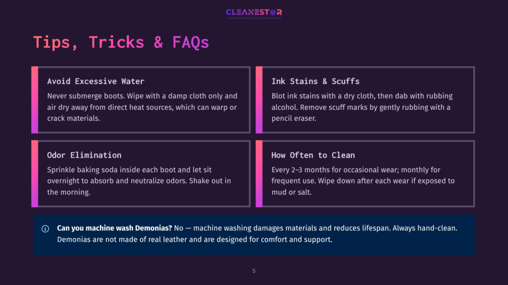 An Infographic With A Dark Background Provides Boot Care Tips. It Includes Sections On Avoiding Excessive Water, Cleaning Ink Stains And Scuffs, Odor Elimination, And Frequency Of Cleaning. A Question About Machine Washing Is Answered, Stating That Demonias Should Always Be Hand-Cleaned.