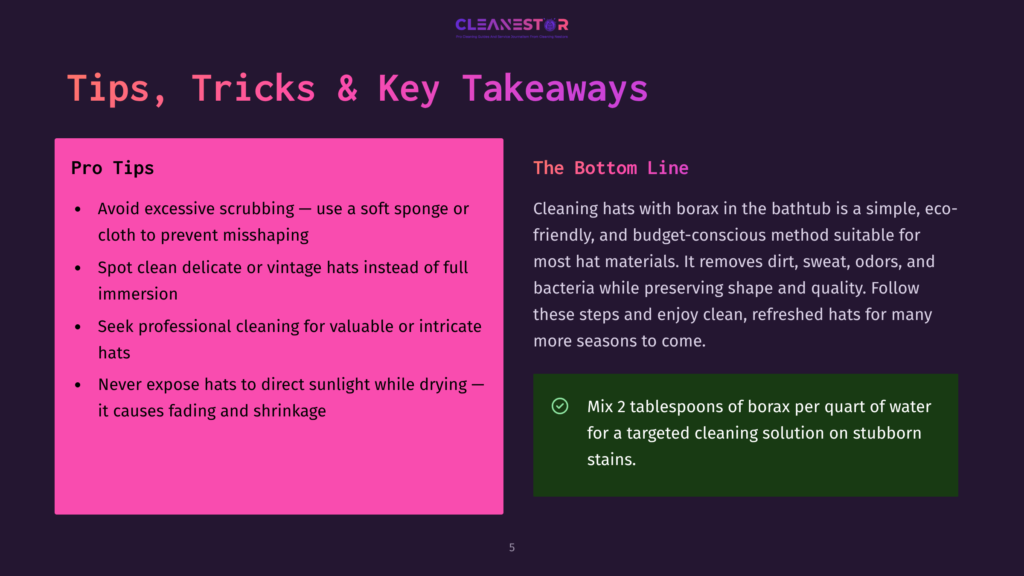 5 Tips Tricks And Key Takeaways 1 Presentation Slide Titled &Quot;Tips, Tricks &Amp; Key Takeaways&Quot; With A Pink Section Listing Hat Cleaning Tips And A Green Section With A Borax Cleaning Solution Recipe. Text Includes &Quot;Cleanestor&Quot; Logo And Advice On Avoiding Scrubbing, Spot Cleaning, And Direct Sunlight For Hat Care.