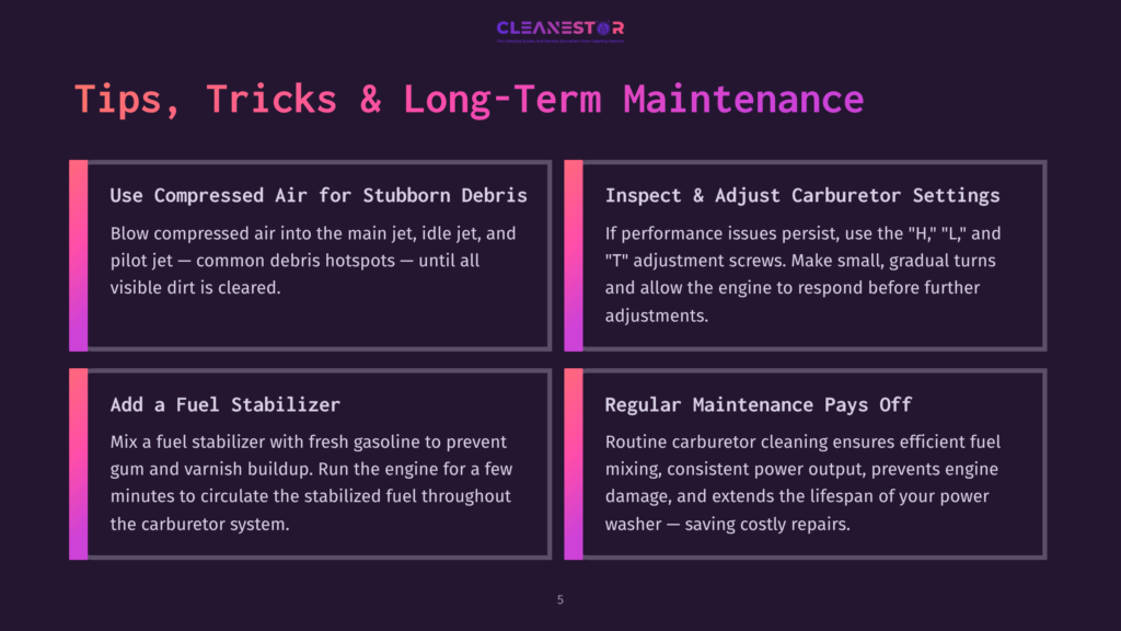 5 Tips Tricks And Long Term Maintenance Cleanestor Logo Above A Graphic With Four Tips For Long-Term Power Washer Maintenance: Use Compressed Air, Inspect Carburetor Settings, Add Fuel Stabilizer, And Regular Maintenance Pays Off.