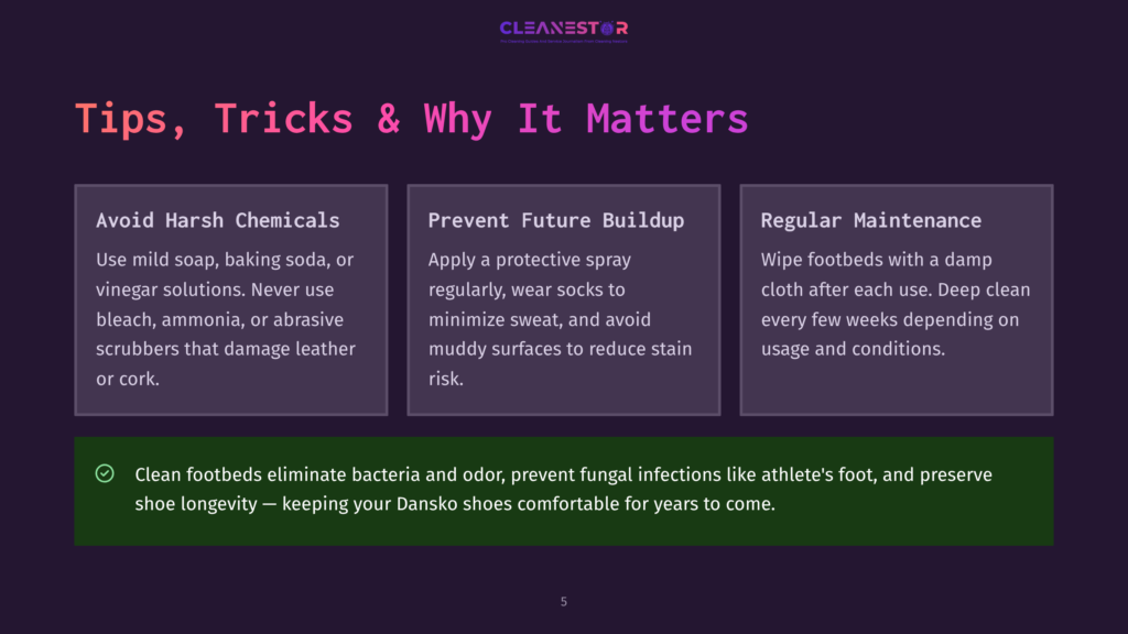 Infographic Displaying Three Tips For Shoe Care: Avoid Harsh Chemicals, Prevent Future Buildup, And Regular Maintenance. The Background Is Dark Purple With White Text. The First Tip Advises Using Mild Soap And Avoiding Harsh Chemicals Like Bleach And Ammonia. The Second Tip Suggests Applying A Protective Spray And Wearing Socks To Prevent Sweat And Stains. The Third Tip Recommends Wiping Footbeds With A Damp Cloth After Each Use And Deep Cleaning Every Few Weeks.