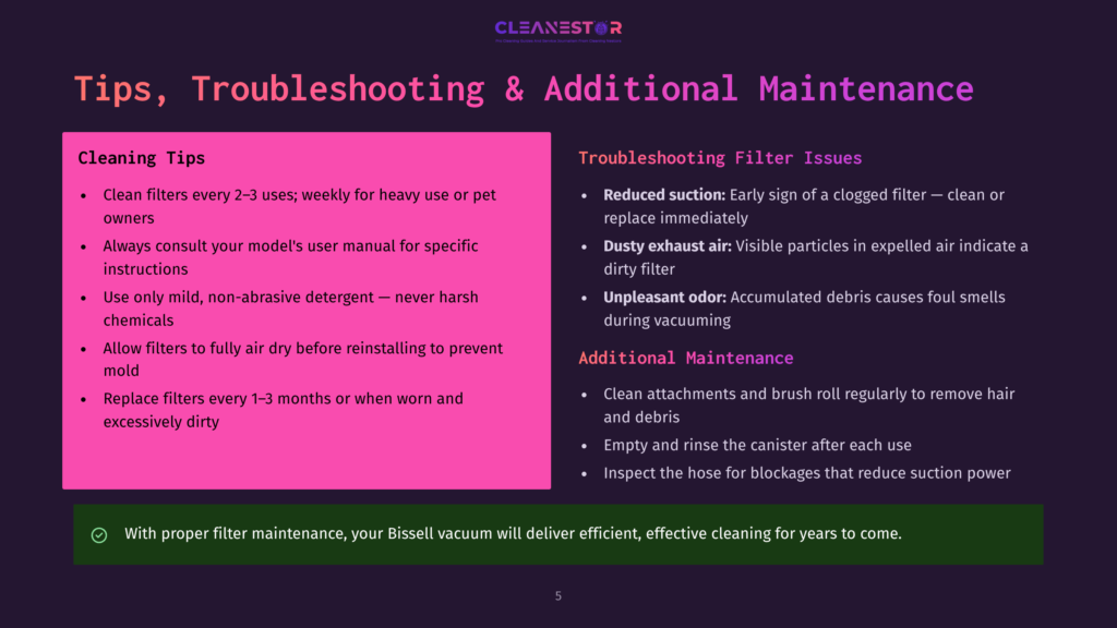 Image With Text: &Quot;Cleanestor&Quot; Logo At The Top. The Main Content Is Divided Into Two Columns: &Quot;Cleaning Tips&Quot; On The Left And &Quot;Troubleshooting Filter Issues&Quot; On The Right. Both Columns Provide Bulleted Lists Of Maintenance Advice For Vacuum Cleaners.