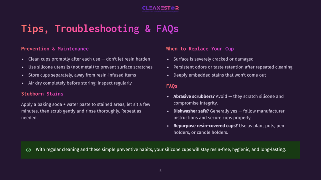 Cleanestor Brand Tips, Troubleshooting, And Faqs On A Dark Purple Background, With Sections On Prevention, Maintenance, And When To Replace Your Cup.