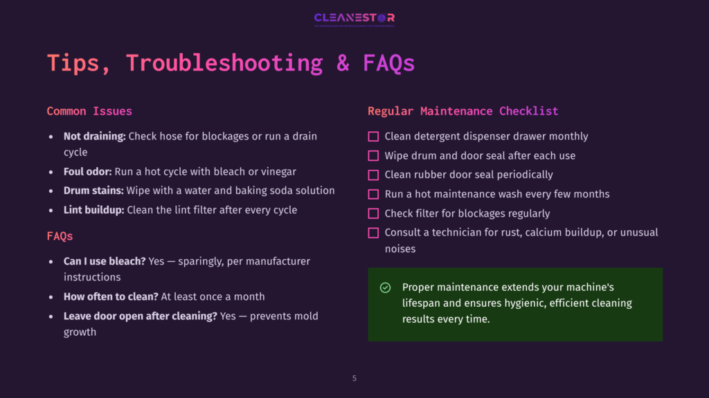 A Dark Purple Slide With The Title &Quot;Tips, Troubleshooting &Amp; Faqs&Quot; Lists Common Laundry Machine Issues Like &Quot;Not Draining&Quot; And &Quot;Foul Odor,&Quot; And A &Quot;Regular Maintenance Checklist&Quot; With Items Like &Quot;Clean Detergent Dispenser.