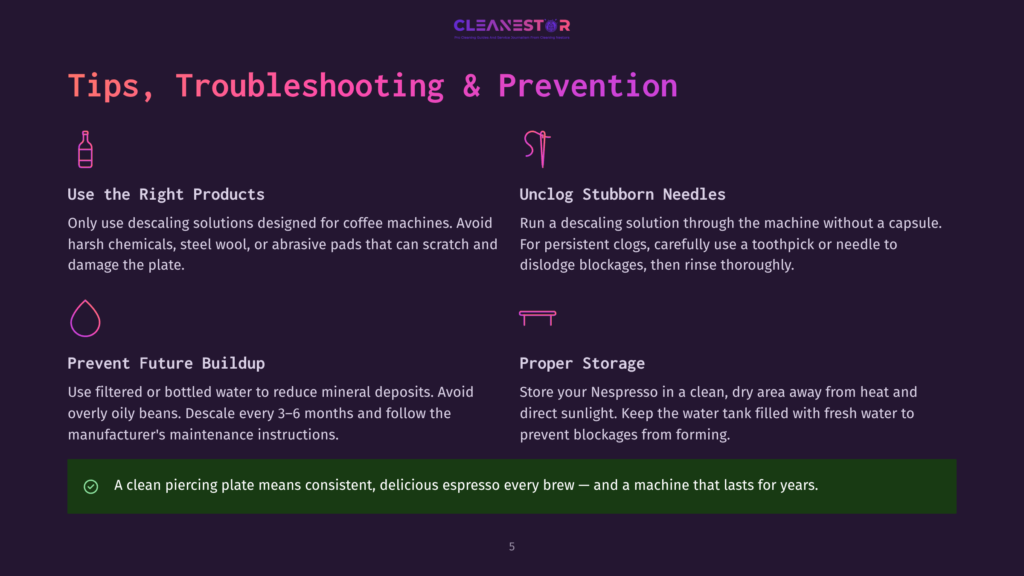 5 Tips Troubleshooting And Prevention 1 Infographic Detailing Nespresso Machine Maintenance Tips: Use The Right Products, Prevent Future Buildup, Unclog Stubborn Needles, And Proper Storage. Features Icons For A Cleaning Bottle, Water Droplet, Needle, And A Coffee Maker.