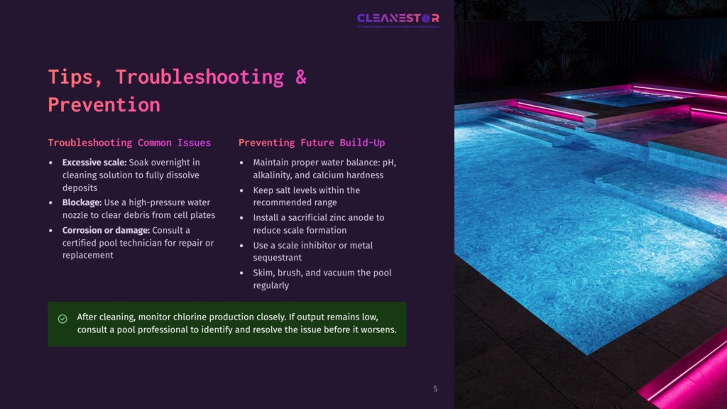 A Digital Infographic Offers Tips And Troubleshooting For Pool Maintenance, Featuring A Well-Lit Swimming Pool With Pink Lighting At Night.