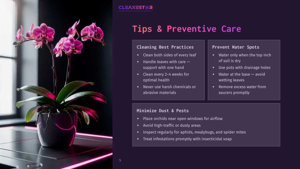5 Tips And Preventive Care A Vibrant Pink Orchid Plant With Lush Green Leaves Sits In A Dark Pot, Illuminated By Neon Pink Light. The Image Also Displays Text With Tips On Orchid Care, Including &Quot;Cleaning Best Practices&Quot; And &Quot;Prevent Water Spots.