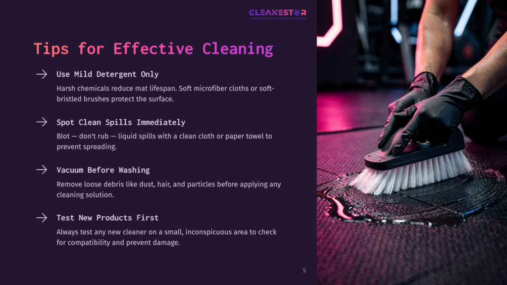 5 Tips For Effective Cleaning Close-Up Of Black-Gloved Hands Using A White Scrub Brush To Clean A Dark Floor, With Water And Cleaning Solution Creating A Wet Sheen. Text Overlay Reads: &Quot;Cleanestor Tips For Effective Cleaning&Quot;.